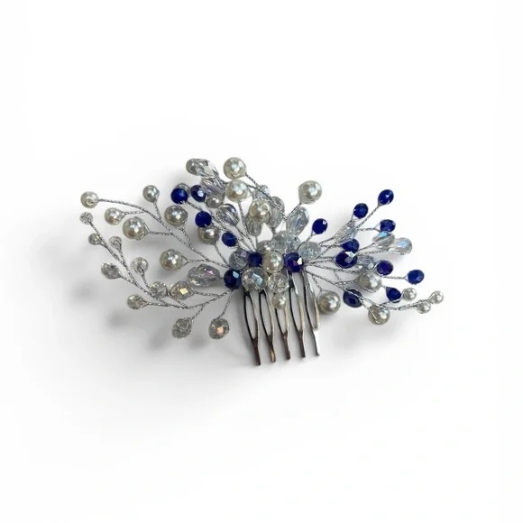 Blue Crystal & Pearl Bridal Hair Comb - Picture 2 of 16